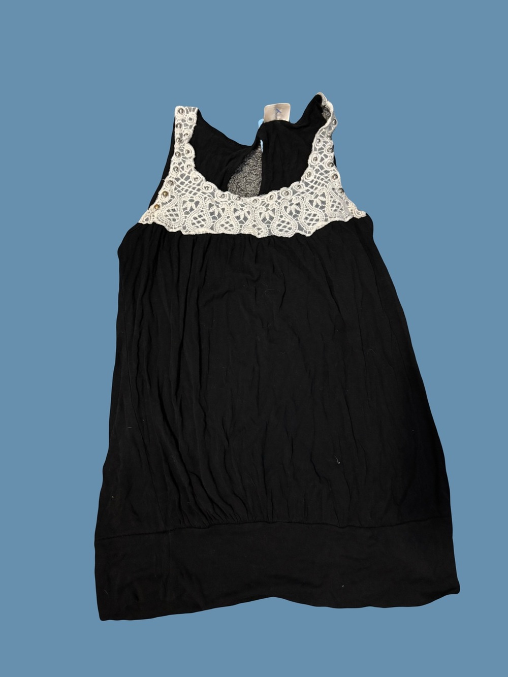 Pretty Good Black Tank with White Beaded Crochet Yoke